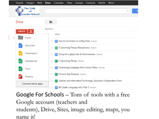 Google For Schools – Tons of tools with a free
Google account (teachers and
students), Drive, Sites, image editing, maps, you
name it!
 