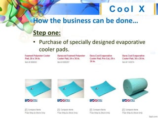 How the business can be done…
Step one:
• Purchase of specially designed evaporative
cooler pads.
C o o l X
 