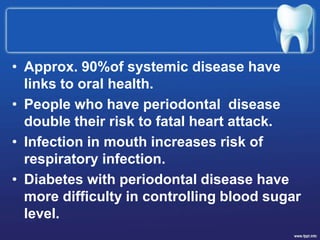 • Approx. 90%of systemic disease have
links to oral health.
• People who have periodontal disease
double their risk to fatal heart attack.
• Infection in mouth increases risk of
respiratory infection.
• Diabetes with periodontal disease have
more difficulty in controlling blood sugar
level.
 