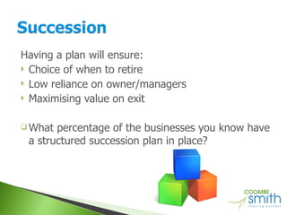Having a plan will ensure: Choice of when to retire Low reliance on owner/managers Maximising value on exit What percentage of the businesses you know have a structured succession plan in place? 