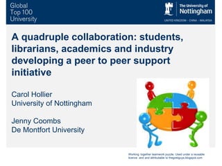 A quadruple collaboration: students,
librarians, academics and industry
developing a peer to peer support
initiative
Carol Hollier
University of Nottingham
Jenny Coombs
De Montfort University
Working together teamwork puzzle. Used under a reusable
licence and and attributable to thegoldguys.blogspot.com
 