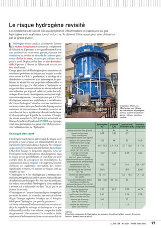 CLEFS CEA - N°50/51 - HIVER 2004-2005 97
L’hydrogène est un candidat sérieux pour devenir
levecteurénergétiquededemainencomplément
de l’électricité.Il présente le très grand intérêt d’avoir
une combustion totalement propre, puisque son
oxydation ne produit ni dioxyde de carbone géné-
rateur d’effet de serre, ni autre gaz polluant nocif
pourlasanté.Deplus,utilisédanslespilesàcombus-
tible, il permet d’obtenir de l’électricité avec un très
bon rendement.
L’usage généralisé de l’hydrogène pose néanmoins de
nombreux problèmes techniques sur lesquels travaille
entre autres le CEA: la production, le stockage et la
distribution et, transverses à ces thématiques, les pro-
blèmes de sûreté liés aux propriétés inflammables et
explosives de ce gaz. En effet, même si l’hydrogène est
ungaztrèsbienconnuetmaîtriséauniveauindustriel,
son utilisation par le grand public nécessite des tech-
nologiesd’unesûretéàtouteépreuve,ainsiqu’unerégle-
mentation rigoureuse. Les compétences que le CEA a
développées,notammentparlebiaisdelamodélisation
du “risque hydrogène” dans les centrales nucléaires à
eausouspression,ainsiquedanslecadredeprogrammes
nationaux et internationaux, devraient permettre de
contribuerdefaçonsignificativeàlamaîtrisedurisque
et à l’acceptation par le public de ce vecteur d’énergie.
Au niveau européen, le CEA participe activement au
Réseaud’excellenceHysafedu6ePCRDT,quiregroupe
vingt-cinq partenaires avec pour objectif de promou-
voir l’utilisation sûre de l’hydrogène.
Un risque bien cerné
L’hydrogène n’est pas un gaz toxique. Le risque qu’il
présente a pour origine son inflammabilité et son
explosivité.Ilpeutdoncdanscedomaineêtrecomparé
augaznaturel(composéessentiellementdeméthane
CH4) dont l’usage est largement répandu. Celui de
l’hydrogènen’estpasforcémentplusdangereux,mais
le risque est un peu différent. Il faut donc en tenir
compte dans la conception des installations. La
comparaison avec le propane et les vapeurs d’essence
(tableau) est également instructive. Les points
significatifs à retenir, en matière de risque, sont au
nombre de six:
• l’hydrogène est 8 fois plus léger que le méthane et sa
molécule,trèspetite,luiconfèreuntrèsboncoefficient
dediffusiondansl’air(prèsde4foisceluiduméthane).
En milieu non confiné, l’hydrogène a donc tendance
à monter et à se diluer très vite dans l’air,ce qui est un
facteur de sécurité;
•l’hydrogèneestl’espècechimiquelaplusénergétique
par unité de masse. En revanche, par unité de volume
de gaz, l’énergie explosive théorique est 3,5 fois plus
faible pour l’hydrogène que pour le gaz naturel;
•salimiteinférieured’inflammation(concentrationen
deçà de laquelle le mélange air-hydrogène n’est pas
inflammable),estde4%envolume,comparableàcelle
du gaz naturel (5% en volume).En revanche,sa limite
supérieure d’inflammation (concentration au-delà de
hydrogène propane gaz naturel essence
H2 C3H8 (méthane CH4) (vapeur)
masse molaire (en g/mol) 2 44 16
masse volumique 0,08 1,87 0,7
(aux conditions
atmosphériques) (en kg/m3)
chaleur de combustion 120 46 50 44,5
(inférieure) (en kJ/g)
limites du domaine 4,0 – 75,0 2,1 – 9,5 5,3 – 15,0 1,0 – 7,6
d’inflammabilité
dans l’air (en vol%)
énergie minimale 0,02 0,26 0,29 0,24
d’inflammation
(en mJ, pour mélange
stœchiométrique à pression
et température ambiantes)
température d’auto- 585 487 540 228 – 501
inflammation (en °C)
température de flamme 2045 1875 2200
(en °C)
limites de détonabilité 13 – 65 6,3 – 13,5 1,1 – 3,3
(en vol%)
taux de combustion dans 265 – 325 30 – 40 40
l’air (aux conditions
atmosphériques) (en cm/s)
[vitesse de flamme laminaire]
énergie explosive 2,02 20,3 7,03 44,24
(en kg TNT/m3)
coefficient de diffusion 0,61 0,16 0,05
dans l’air (en cm2
/s)
vitesse de flamme 260 37
dans l'air (cm/s)
vitesse de détonation 2 1, 8
dans l'air (km/s)
Le risque hydrogène revisité
Les problèmes de sûreté liés aux propriétés inflammables et explosives du gaz
hydrogène sont maîtrisés dans l’industrie. Ils doivent l’être aussi pour une utilisation
par le grand public.
Tableau.
Propriétés comparées de l’hydrogène, du propane, du méthane et des vapeurs d’essence
(source: Hyweb, Ineris et AFH2).
CEA/DEN
Installation Mistra, au
CEA/Saclay, pour l’étude
du relâchement d’hydrogène
(simulé expérimentalement
par de l’hélium) en milieu
confiné.
 