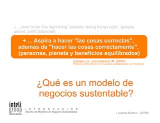 | Juanes Alvarez – 2013®
I N T R O D U C C I Ó N
Diseño de Modelos de Negocio Sustentables
¿Qué es un modelo de
negocios sustentable?
+ ... Aspira a hacer ”las cosas correctas",
además de "hacer las cosas correctamente".
(personas, planeta y beneficios equilibrados)
[Jansen, B., van Lieshout, M. (2010)
Producten worden diensten: een duurzame waardepropositie voor Vlaanderen]
+ ...aims to do ‘the right thing’ besides ‘doing things right’. (people,
planet, proﬁt balanced)
 