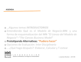 | Juanes Alvarez – 2013®
I N T R O D U C C I Ó N
Diseño de Modelos de Negocio Sustentables
o …Algunos	
  temas	
  INTRODUCTORIOS	
  
o Entendiendo	
   Qué	
   es	
   el	
   Modelo	
   de	
   Negocio-­‐MN-­‐	
   y	
   una	
  
forma	
  de	
  esquema7zación	
  del	
  MN	
  “El	
  Lienzo	
  del	
  Modelo	
  de	
  
Negocio”–“The	
  Canvas	
  Business	
  Model”	
  
o Proto7pando	
  Alterna7vas:	
  “Pudiera	
  hacer”	
  
o Opciones	
  de	
  Evaluación:	
  Inter	
  Disciplinario	
  
o ….¿Qué	
  hago	
  después?:	
  Elaborar,	
  Calcular	
  y	
  T-­‐estear	
  
AGENDA
 