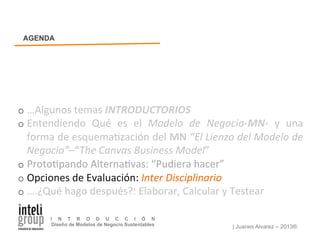 | Juanes Alvarez – 2013®
I N T R O D U C C I Ó N
Diseño de Modelos de Negocio Sustentables
o …Algunos	
  temas	
  INTRODUCTORIOS	
  
o Entendiendo	
   Qué	
   es	
   el	
   Modelo	
   de	
   Negocio-­‐MN-­‐	
   y	
   una	
  
forma	
  de	
  esquema7zación	
  del	
  MN	
  “El	
  Lienzo	
  del	
  Modelo	
  de	
  
Negocio”–“The	
  Canvas	
  Business	
  Model”	
  
o Proto7pando	
  Alterna7vas:	
  “Pudiera	
  hacer”	
  
o Opciones	
  de	
  Evaluación:	
  Inter	
  Disciplinario	
  
o ….¿Qué	
  hago	
  después?:	
  Elaborar,	
  Calcular	
  y	
  Testear	
  
AGENDA
 