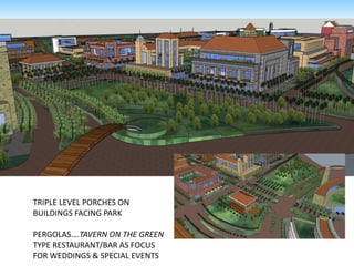 TRIPLE LEVEL PORCHES ON
BUILDINGS FACING PARK
PERGOLAS….TAVERN ON THE GREEN
TYPE RESTAURANT/BAR AS FOCUS
FOR WEDDINGS & SPECIAL EVENTS
 