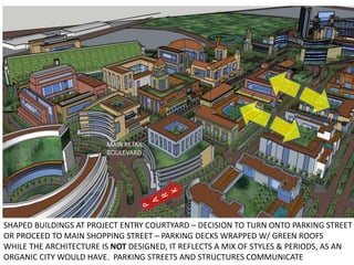 SHAPED BUILDINGS AT PROJECT ENTRY COURTYARD – DECISION TO TURN ONTO PARKING STREET
OR PROCEED TO MAIN SHOPPING STREET – PARKING DECKS WRAPPED W/ GREEN ROOFS
WHILE THE ARCHITECTURE IS NOT DESIGNED, IT REFLECTS A MIX OF STYLES & PERIODS, AS AN
ORGANIC CITY WOULD HAVE. PARKING STREETS AND STRUCTURES COMMUNICATE
MAIN RETAIL
BOULEVARD
 