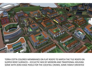 TERRA COTTA COLORED MEMBRANES ON FLAT ROOFS TO MATCH THE TILE ROOFS ON
SLOPED ROOF SURFACES – ECCLECTIC MIX OF MODERN AND TRADITIONAL HOUSING
SOME WITH ZERO EDGE POOLS FOR THE COCKTAIL CROWD, SOME FAMILY ORIENTED
 