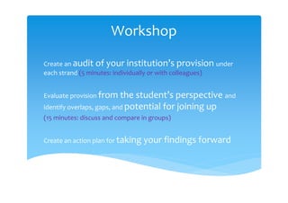 Workshop

Create an audit of your institution’s provision under 
each strand (5 minutes: individually or with colleagues)


Evaluate provision from the student’s perspective and 
identify overlaps, gaps, and potential for joining up 
(15 minutes: discuss and compare in groups)


Create an action plan for taking your findings forward
 