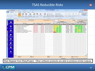 TLO #1TSAS Reducible Risks
23
6
Risk Register from RiskyProject. Other software products are able to produce similar outputs
 