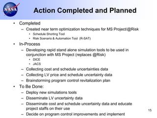 Action Completed and Planned
• Completed
   – Created near term optimization techniques for MS Project/@Risk
       • Schedule Shorting Tool
       • Risk Scenario & Automation Tool (R-SAT)
• In-Process
   – Developing rapid stand alone simulation tools to be used in
     conjunction with MS Project (replaces @Risk)
       • DICE
       • JACS
   – Collecting cost and schedule uncertainties data
   – Collecting LV price and schedule uncertainty data
   – Brainstorming program control revitalization plan
• To Be Done:
   – Deploy new simulations tools
   – Disseminate LV uncertainty data
   – Disseminate cost and schedule uncertainty data and educate
     project staffs on their use                                      15
   – Decide on program control improvements and implement
 