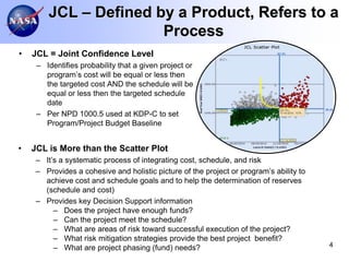 JCL – Defined by a Product, Refers to a
                       Process
•   JCL = Joint Confidence Level
     – Identifies probability that a given project or
       program’s cost will be equal or less then
       the targeted cost AND the schedule will be
       equal or less then the targeted schedule
       date
     – Per NPD 1000.5 used at KDP-C to set
       Program/Project Budget Baseline


•   JCL is More than the Scatter Plot
     – It’s a systematic process of integrating cost, schedule, and risk
     – Provides a cohesive and holistic picture of the project or program’s ability to
       achieve cost and schedule goals and to help the determination of reserves
       (schedule and cost)
     – Provides key Decision Support information
          – Does the project have enough funds?
          – Can the project meet the schedule?
          – What are areas of risk toward successful execution of the project?
          – What risk mitigation strategies provide the best project benefit?
          – What are project phasing (fund) needs?                                       4
 