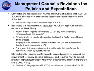 Management Councils Revisions the
             Policies and Expectations
•   Eliminated the requirement at KDP-B and D, but stipulated that KDP-Cs
    JCL must be based on probabilistic resource loaded schedules (May
    2009 SMC)
     –   Directed pilot projects be completed for projects at KDP-B
•   Eliminated the requirement to maintain the JCL during implementation
    (November 2009 PMC)
     – Project are not required to develop a JCL at any other time during
       implementation if it is “on plan”
     – Projects are to be monitored as part of the Baseline Performance Review
       (BPR) process
     – If a project is re-baselined, scored red in the BPR, or if BPR leadership
       directs, it must re-compute a JCL
     – The agency is to use existing metrics and/or establish new factors for
       determining when a project turns Red
•   Eliminated JCL requirement for loosely coupled programs, retained the
    requirement for tightly coupled programs, and required MDs to submit
    program impact assessment whenever a new project enters the program
    (June 2010 PMC)
     –   Eliminate JCL language from NPD 1000.5; reconstitute and update in NPD 7120.5E   7
 