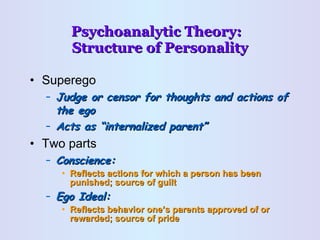 Psychoanalytic Theory:  Structure of Personality ,[object Object],[object Object],[object Object],[object Object],[object Object],[object Object],[object Object],[object Object]