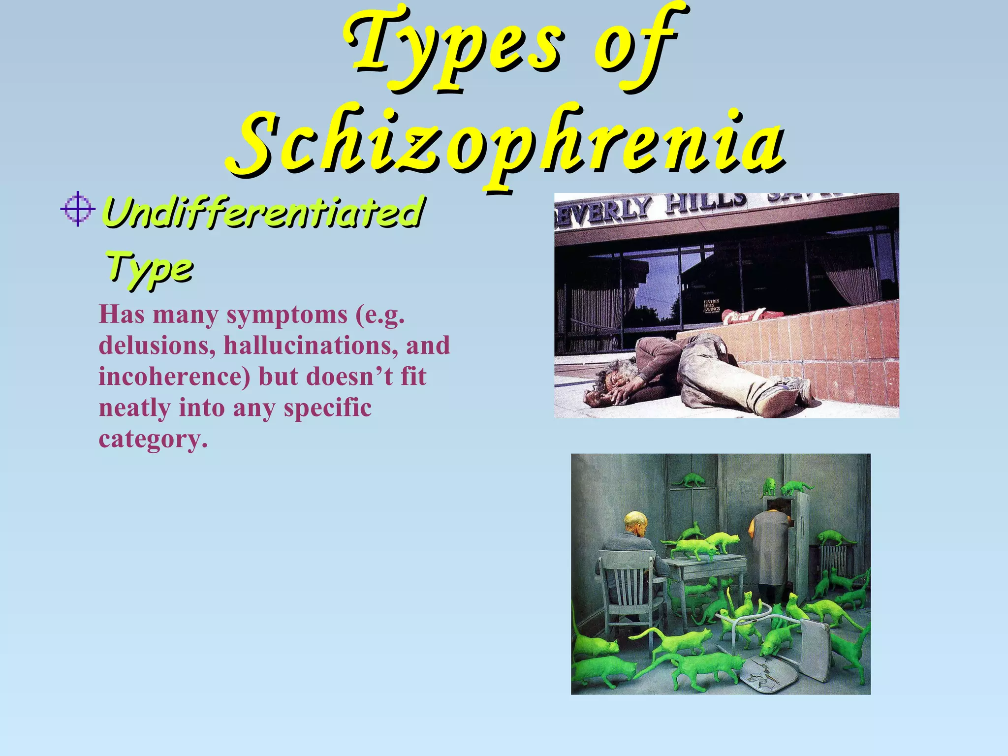 Types of Schizophrenia Undifferentiated Type Has many symptoms (e.g. delusions, hallucinations, and incoherence) but doesn’t fit neatly into any specific category. 