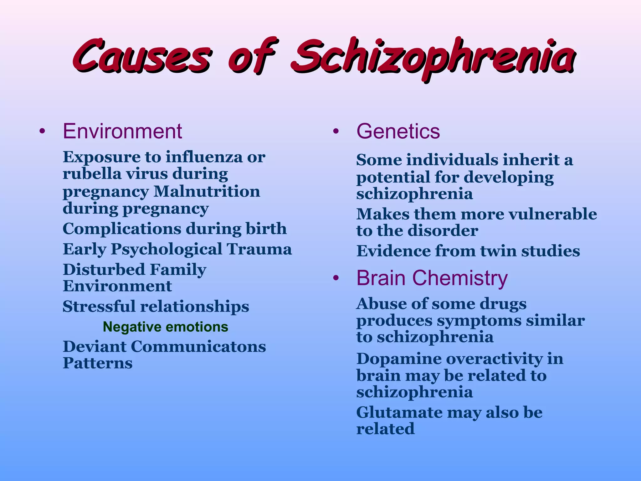 Causes of Schizophrenia Environment Exposure to influenza or rubella virus during pregnancy   Malnutrition during pregnancy Complications during birth Early Psychological Trauma Disturbed Family Environment Stressful relationships Negative emotions Deviant Communicatons Patterns Genetics Some individuals inherit a potential for developing schizophrenia  Makes them more vulnerable to the disorder Evidence from twin studies  Brain Chemistry Abuse of some drugs produces symptoms similar to schizophrenia Dopamine overactivity in brain may be related to schizophrenia Glutamate may also be related 