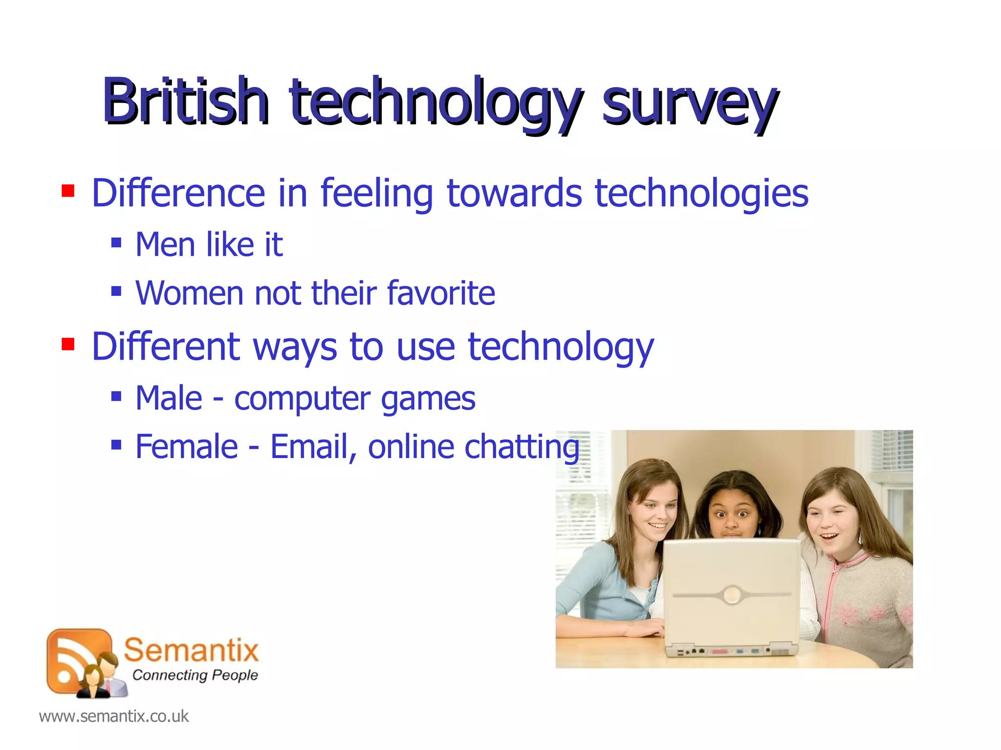 British technology survey Difference in feeling towards technologies Men like it Women not their favorite Different ways to use technology Male - computer games Female - Email, online chatting 