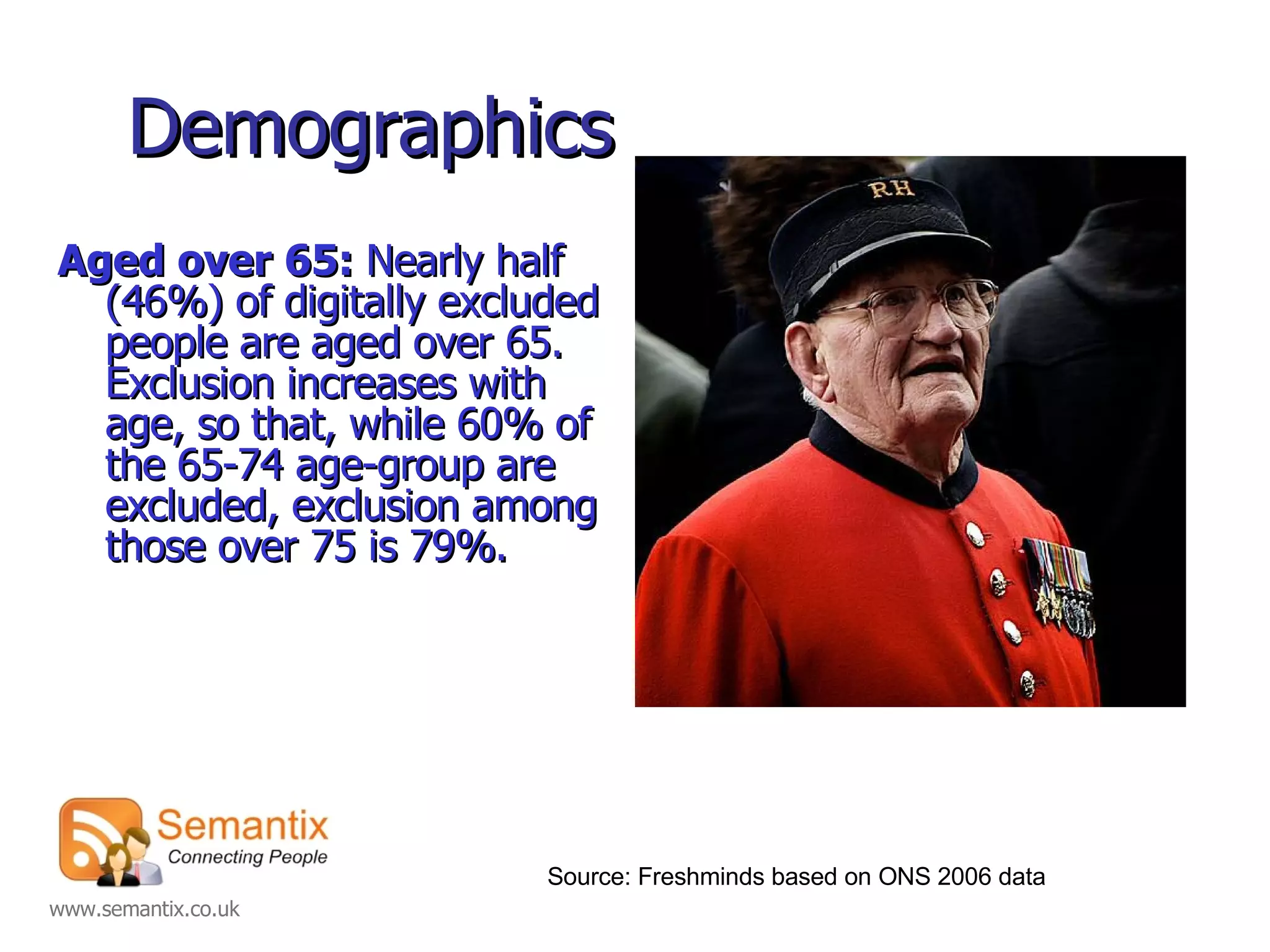Demographics Aged over 65:  Nearly half (46%) of digitally excluded people are aged over 65. Exclusion increases with age, so that, while 60% of the 65-74 age-group are excluded, exclusion among those over 75 is 79%. Source: Freshminds based on ONS 2006 data 