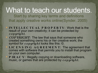 INTELLECTUAL PROPERTY: Work that is the result of your own creativity; it can be protected by copyright . COPYRIGHT : The law that says that someone who created something owns his or her creative work; the symbol for copyright  looks like this: ©. LICENSING AGREEMENT: The agreement that comes with software that permits you to install that program on your own computer. PIRACY: Illegally copying or downloading software, music, or games that are protected by copyright . What to teach our students . Start by sharing key terms and definitions that apply creative works online( Synder , 2005) 
