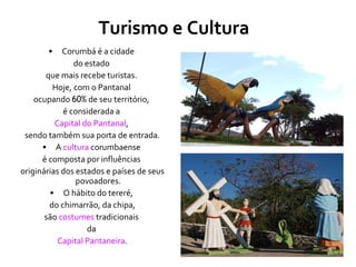 Turismo e Cultura Corumbá é a cidade  do estado  que mais recebe turistas.  Hoje, com o Pantanal  ocupando  60%  de seu território,  é considerada a  Capital do Pantanal ,  sendo também sua porta de entrada. A  cultura  corumbaense  é composta por influências  originárias dos estados e países de seus povoadores.  O hábito do tereré,  do chimarrão, da chipa, são  costumes  tradicionais  da  Capital Pantaneira . 