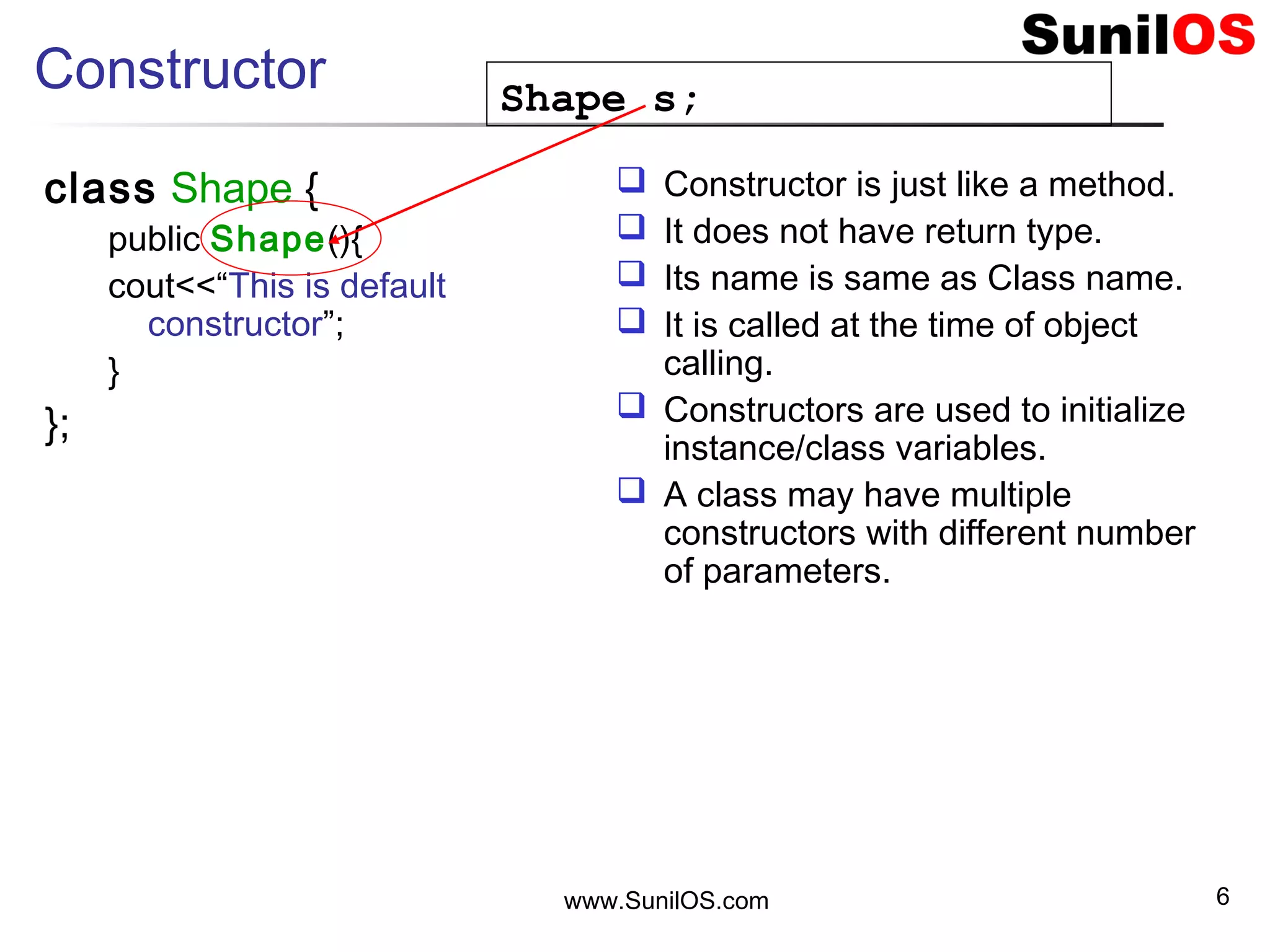 www.SunilOS.com 6
Constructor
class Shape {
public Shape(){
cout<<“This is default
constructor”;
}
};
Shape s;
 Constructor is just like a method.
 It does not have return type.
 Its name is same as Class name.
 It is called at the time of object
calling.
 Constructors are used to initialize
instance/class variables.
 A class may have multiple
constructors with different number
of parameters.
 