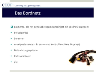 COOP! Consulting and Operating GmbH 
 
Elemente, die mit dem Kabelbaum kombiniert ein Bordnetz ergeben: 
 
Steuergeräte 
 
Sensoren 
 
Anzeigeelemente (z.B. Warn- und Kontrollleuchten, Displays) 
 
Beleuchtungssysteme 
 
Elektromotoren 
 
etc. 
Das Bordnetz  