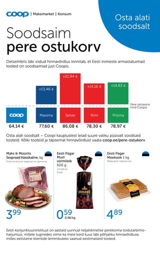 Pere ostukorvi
hind Coopis
+21,94 �
+14,16 � +14,83 �
+13,46 �
Maxima Selver Rimi Prisma
78,97 �
78,30 �
86,08 �
77,60 �
64,14 �
Osta alati soodsalt – Coopi kauplustest leiad suure valiku püsivalt soodsaid
tooteid. Kõiki tooteid ja täpsemat hinnavõrdlust vaata coop.ee/pere-ostukorv
399
Maks & Moorits
Seapraad klassikaline, kg
Классическое жаркое из свинины
Eesti Pagar
Meekook 1 kg
Медовое пирожное
489
Eesti Pagar
Must
vormileib
600 g
viilutatud
Хлеб
059
0.98/kg
Eesti konjunktuuriinstituut on aastaid uurinud neljaliikmelise perekonna toidutarbimis-
harjumusi, millele tuginedes viime ka meie kord kuus läbi põhjaliku hinnavõrdluse,
milles eelistame klientide lemmikuteks saanud eestimaiseid tooteid.
Detsembris läbi viidud hinnavõrdlus kinnitab, et Eesti inimeste armastatuimad
tooted on soodsaimad just Coopis.
Soodsaim
pere ostukorv
 