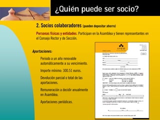 ¿Quién puede ser socio?
  2. Socios colaboradores (pueden depositar ahorro)
  Personas físicas y entidades. Participan en la Asamblea y tienen representantes en
  el Consejo Rector y de Sección.


Aportaciones:
     Periodo a un año renovable
     automáticamente a su vencimiento.
     Importe mínimo: 300.51 euros.
     Devolución parcial o total de las
     aportaciones.
     Remuneración a decidir anualmente
     en Asamblea.
     Aportaciones periódicas.
 