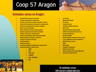 Coop 57 Aragón
Entidades socias en Aragón:
      Consolida Oliver (empresa de inserción)                             C.O. San José
      El Esqueje (cooperativa de restauración)                            Medicos Mundi Aragón
      Girasolar (cooperativa de energías renovables y biomasa)            ATL Pandora
      Grupo la Veloz (cooperativa de mensajería y asesoramiento)          Fundación Picarral
      Germinal (sociedad laboral de imprenta y papelería)                 Fundación Ecología y Desarrollo
      Idema (servicios ambientales)                                       AIS El Trébol
      Kairos (cooperativa servicios sociales y gestión)                   Comisión Ciudadana Antisida Aragón
      Recicleta (cooperativa tienda taller de bicicletas)                 CIFAES (Universidad Rural Paulo Freire)
      Simbiosis (tienda ropa y serigrafía textil)                         Asociación Os Mesaches
      Servicios Parque Delicias (centro especial de empleo)               Asociación ACOPAL
      Tiebel (cooperativa de limpieza y formación)                        Mundo Imaginado (cooperativa comercio justo)
      Tranviaser (empresa de inserción)                                   2 a Via (cooperativa servicios terapeuticos)
      Fundación Adunare                                                   AAVV El Cantero de Torrero.
      Fundación el Tranvía                                                CODEF
      Financiación Solidaria (sensibilización y finanzas éticas)          REAS Aragón
      Koordinadora Kolectivos Jóvenes Parke                               O Diapleron (Cooperativa)
                        ASAPA                                             Kolectivo Jóvenes Parke
                        FABZ                                              Centro de Estudios Comarcal del Bajo Martín.
                        CAVA Aragón                                       Asociaón de malabaristas ZGZ
                       A Mediar
                       Asoc. Gusantina
                       ASA




                                                                       42 entidades socias
                                                                   430 soci@s colaborador@s
 