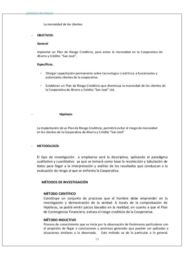 PLAN DE RIESGO CREDITICIO PARA DISMINUIR LA MOROSIDAD EN 
