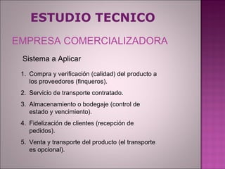 ESTUDIO TECNICO EMPRESA COMERCIALIZADORA Sistema a Aplicar Compra y verificación (calidad) del producto a los proveedores (finqueros). Servicio de transporte contratado. Almacenamiento o bodegaje (control de estado y vencimiento). Fidelización de clientes (recepción de pedidos). Venta y transporte del producto (el transporte es opcional). 
