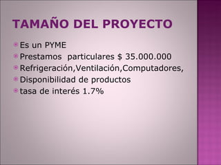 TAMAÑO DEL PROYECTO Es un PYME Prestamos  particulares $ 35.000.000 Refrigeración,Ventilación,Computadores, Disponibilidad de productos tasa de interés 1.7% 