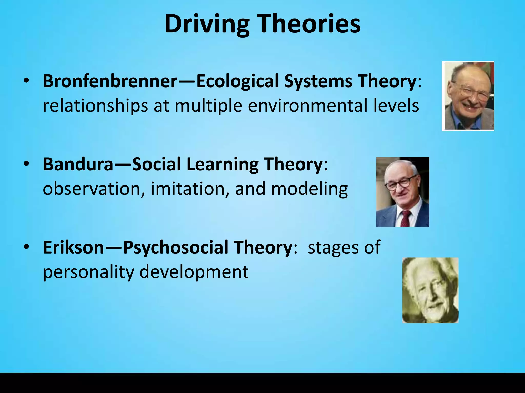 Driving Theories
• Bronfenbrenner—Ecological Systems Theory:
  relationships at multiple environmental levels

• Bandura—Social Learning Theory:
  observation, imitation, and modeling

• Erikson—Psychosocial Theory: stages of
  personality development
 