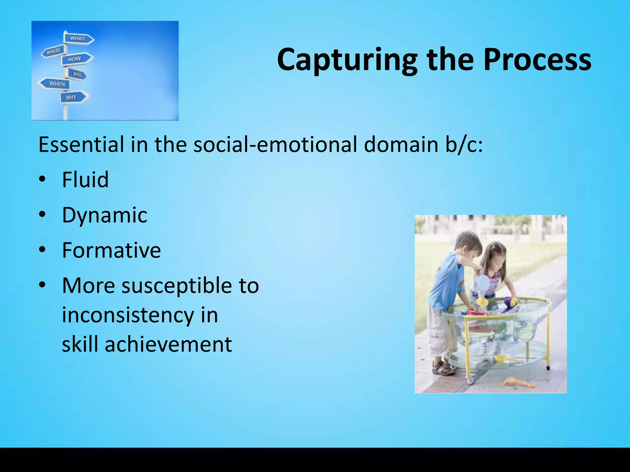 Capturing the Process

Essential in the social-emotional domain b/c:
• Fluid
• Dynamic
• Formative
• More susceptible to
  inconsistency in
  skill achievement
 