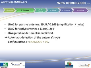 www.OpenGNSS.org
                                                    With HORUS2000 …

                              3. RF
  1. Antennas   2. Preamp   Filtering
                                        4. Mixing     5. IF Filtering   6. Scanning




  • LNA1 for passive antenna: 19dB / 0.8dB (amplification / noise)
  • LNA2 for active antenna : 13dB/1.2dB
  • LNA-gated mode : ampli input linked.
  → Automatic detection of the antenna’s type
    Configuration 1 : LNAMODE = 00.




                                                                   16
 