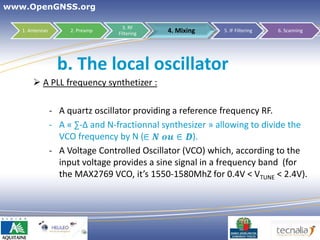www.OpenGNSS.org

                                    3. RF
   1. Antennas        2. Preamp
                                  Filtering   4. Mixing     5. IF Filtering   6. Scanning




                  b. The local oscillator
        A PLL frequency synthetizer :

                 - A quartz oscillator providing a reference frequency RF.
                 - A « ∑-∆ and N-fractionnal synthesizer » allowing to divide the
                   VCO frequency by N (                ).
                 - A Voltage Controlled Oscillator (VCO) which, according to the
                   input voltage provides a sine signal in a frequency band (for
                   the MAX2769 VCO, it’s 1550-1580MhZ for 0.4V < VTUNE < 2.4V).




                                                                      22
 