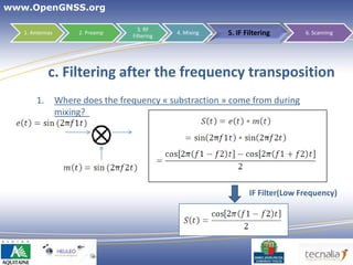 www.OpenGNSS.org

                                     3. RF
   1. Antennas        2. Preamp
                                   Filtering
                                               4. Mixing   5. IF Filtering       6. Scanning




            c. Filtering after the frequency transposition
       1.        Where does the frequency « substraction » come from during
                 mixing?




                                                                  IF Filter(Low Frequency)




                                                                         32
 