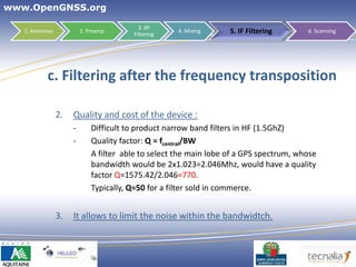 www.OpenGNSS.org

                                           3. RF
   1. Antennas            2. Preamp
                                         Filtering
                                                      4. Mixing     5. IF Filtering      6. Scanning




           c. Filtering after the frequency transposition

                 2.   Quality and cost of the device :
                      -       Difficult to product narrow band filters in HF (1.5GhZ)
                      -       Quality factor: Q = fcentral/BW
                              A filter able to select the main lobe of a GPS spectrum, whose
                              bandwidth would be 2x1.023=2.046Mhz, would have a quality
                              factor Q=1575.42/2.046≈770.
                              Typically, Q=50 for a filter sold in commerce.


                 3.   It allows to limit the noise within the bandwidtch.



                                                                                  33
 