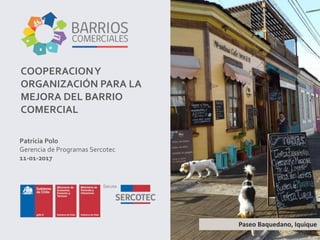 COOPERACIONY
ORGANIZACIÓN PARA LA
MEJORA DEL BARRIO
COMERCIAL
Patricia Polo
Gerencia de Programas Sercotec
11-01-2017
Barrio Centro de Cañete
Paseo Baquedano, Iquique
 