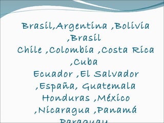 Brasil,Argentina ,Bolivia ,Brasil  Chile ,Colombia ,Costa Rica ,Cuba  Ecuador ,El Salvador ,España, Guatemala Honduras ,México ,Nicaragua ,Panamá Paraguay  Perú ,Puerto Rico ,República Dominicana ,Uruguay  Venezuela 