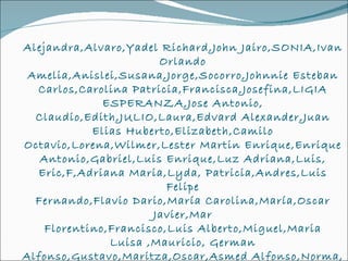 Alejandra,Alvaro,Yadel Richard,John Jairo,SONIA,Ivan Orlando Amelia,Anislei,Susana,Jorge,Socorro,Johnnie Esteban Carlos,Carolina Patricia,Francisca,Josefina,LIGIA ESPERANZA,Jose Antonio, Claudio,Edith,JULIO,Laura,Edvard Alexander,Juan Elias Huberto,Elizabeth,Camilo Octavio,Lorena,Wilmer,Lester Martin Enrique,Enrique Antonio,Gabriel,Luis Enrique,Luz Adriana,Luis, Eric,F,Adriana Maria,Lyda, Patricia,Andres,Luis Felipe Fernando,Flavio Dario,María Carolina,María,Oscar Javier,Mar Florentino,Francisco,Luis Alberto,Miguel,Maria Luisa ,Mauricio, German Alfonso,Gustavo,Maritza,Oscar,Asmed Alfonso,Norma, Haroldo Enrique,Irma,Dumar David,Oscar,Isidro,Oscar Ivan,Rudy Stein,KAROL MILENA ,Raúl Eduardo, Claudia,Socorro 