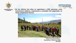 En los últimos tres años se capacitaron a 2391 personas, entre
funcionarios públicos, empresarios y sociedad civil organizada, en
temas cooperación técnica.
Campos de Cultivo de Quinua,
Sector Cruz de las Flores –
Huamachuco- Alianza con ONG
SOLARIS
 