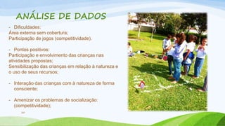 ANÁLISE DE DADOS 
- Dificuldades: 
Área externa sem cobertura; 
Participação de jogos (competitividade). 
- Pontos positivos: 
Participação e envolvimento das crianças nas 
atividades propostas; 
Sensibilização das crianças em relação à natureza e 
o uso de seus recursos; 
- Interação das crianças com à natureza de forma 
consciente; 
- Amenizar os problemas de socialização: 
(competitividade); 
20 
 