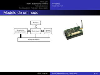 Introdução
Redes de Sensores Sem Fio
Redes Industriais
Codiﬁcação de Rede com Cooperação

Conceitos
IEEE 802.15.4

Modelo de um nodo

IFSC – UFSC

RSSF industriais com Codiﬁcação

8 / 27

 