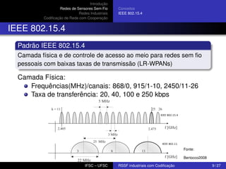 Introdução
Redes de Sensores Sem Fio
Redes Industriais
Codiﬁcação de Rede com Cooperação

Conceitos
IEEE 802.15.4

IEEE 802.15.4
Padrão IEEE 802.15.4
Camada física e de controle de acesso ao meio para redes sem ﬁo
pessoais com baixas taxas de transmissão (LR-WPANs)

Camada Física:
Frequências(MHz)/canais: 868/0, 915/1-10, 2450/11-26
Taxa de transferência: 20, 40, 100 e 250 kbps
IEEE 802.15.4

IEEE 802.11

Fonte:
Bertocco2008
IFSC – UFSC

RSSF industriais com Codiﬁcação

9 / 27

 