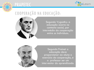 PRAPETEC
COOPERAÇÃO NA EDUCAÇÃO:
Segundo Vygostky: a
educação ocorre no
contexto social, por
intermédio da cooperação
entre os indivíduos.
Segundo Freinet a
educação deve
proporcionar ao aluno o
exercício da cooperação, e
o professor ser um
interventor do aprendizado.
 
