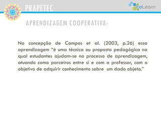 PRAPETEC
APRENDIZAGEM COOPERATIVA:
Na concepção de Campos et al. (2003, p.26) essa
aprendizagem “é uma técnica ou proposta pedagógica na
qual estudantes ajudam-se no processo de aprendizagem,
atuando como parceiros entre si e com o professor, com o
objetivo de adquirir conhecimento sobre um dado objeto.”
 