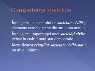 1. Înțelegerea conceptului de societate civilă și 
elemente care fac parte din structura acesteia. 
2. Înțelegerea importanței unei societăți civile 
active în cadrul unui stat democratic. 
3. Identificarea relațiilor societate civilă-stat la 
un nivel minimal. 
 