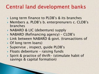  Long term finance to PLDB’s & its branches
 Members a. PLDB’s b. enterprenurers c. CLDB’s
branches
 NABARD & LIC (debenture) supply
 NABARD (Refinancing agency) – CLDB’s
 Link between NABARD & govt. (transactions of
 Of long term loans)
 Supervise , inspect, guide PLDB’s
 Floats debenture – raising funds
 Spirit & practice of thrift- (stimulate habit of
savings & capital formation)
 