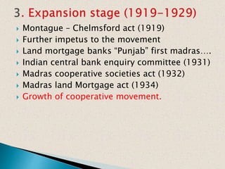  Montague – Chelmsford act (1919)
 Further impetus to the movement
 Land mortgage banks “Punjab” first madras….
 Indian central bank enquiry committee (1931)
 Madras cooperative societies act (1932)
 Madras land Mortgage act (1934)
 Growth of cooperative movement.
 